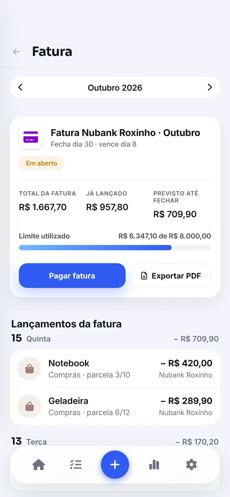 Fatura do cartão no FinMoney